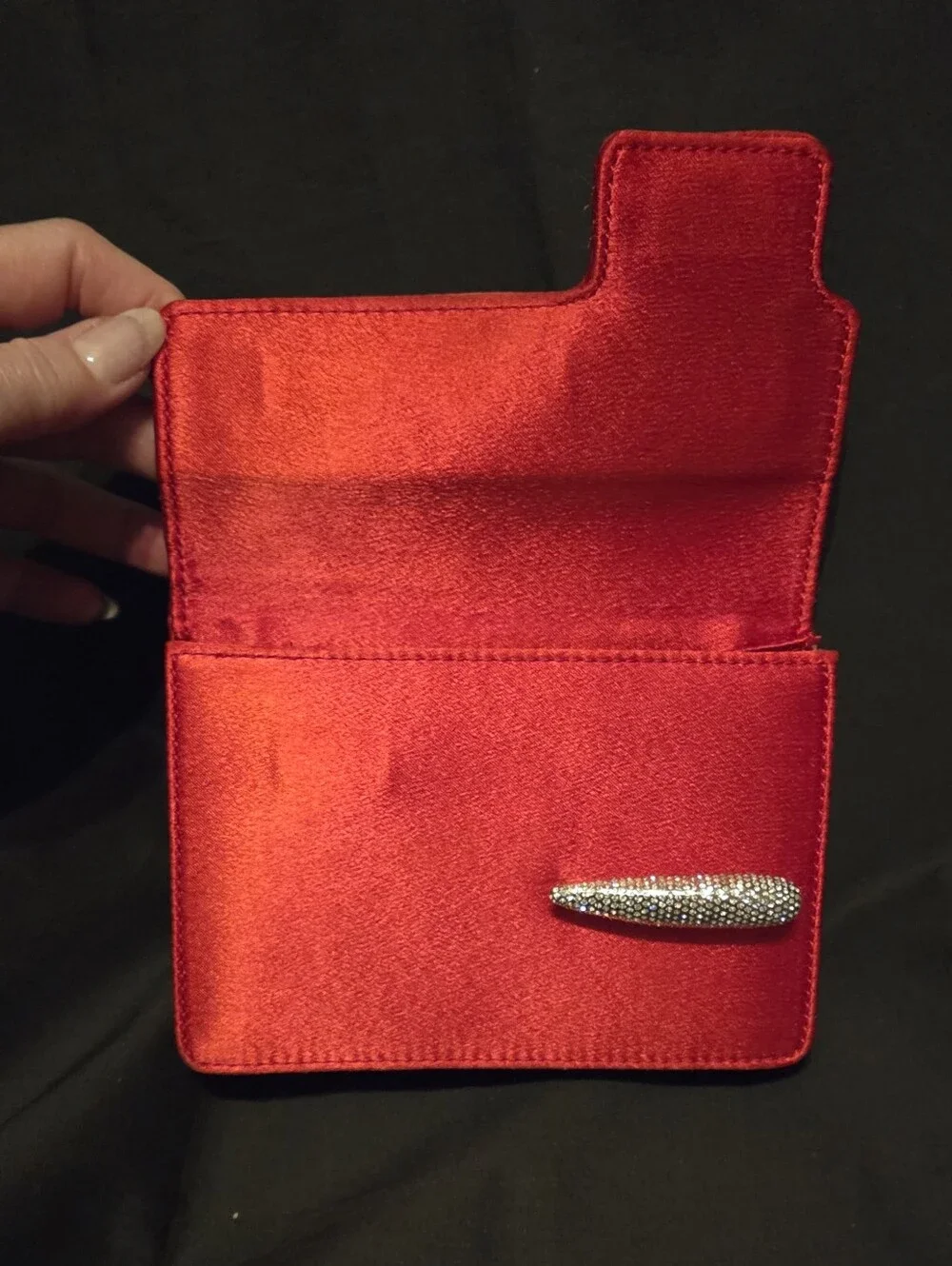 Swarovski Red Satin Evening Clutch Purse Featuring Pave Crystal 6x4.5x1.25